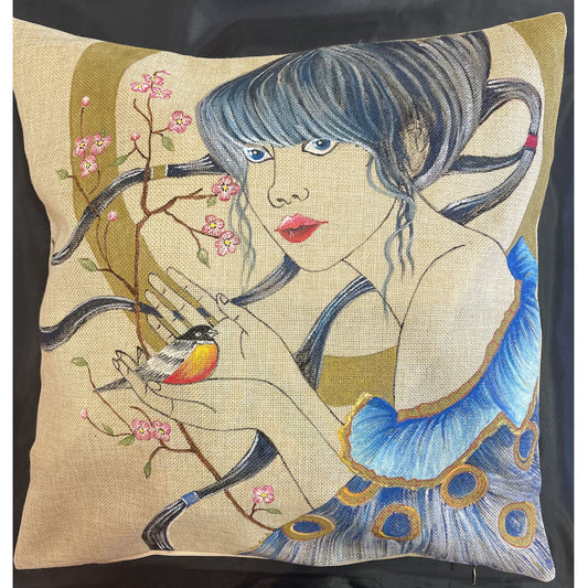 Cuscino in tela decorato a mano raffigurante viso di donna con fiori di pesco e pettirosso misura 40x40 cm con cerniera senza imbottitura Artemagiashop