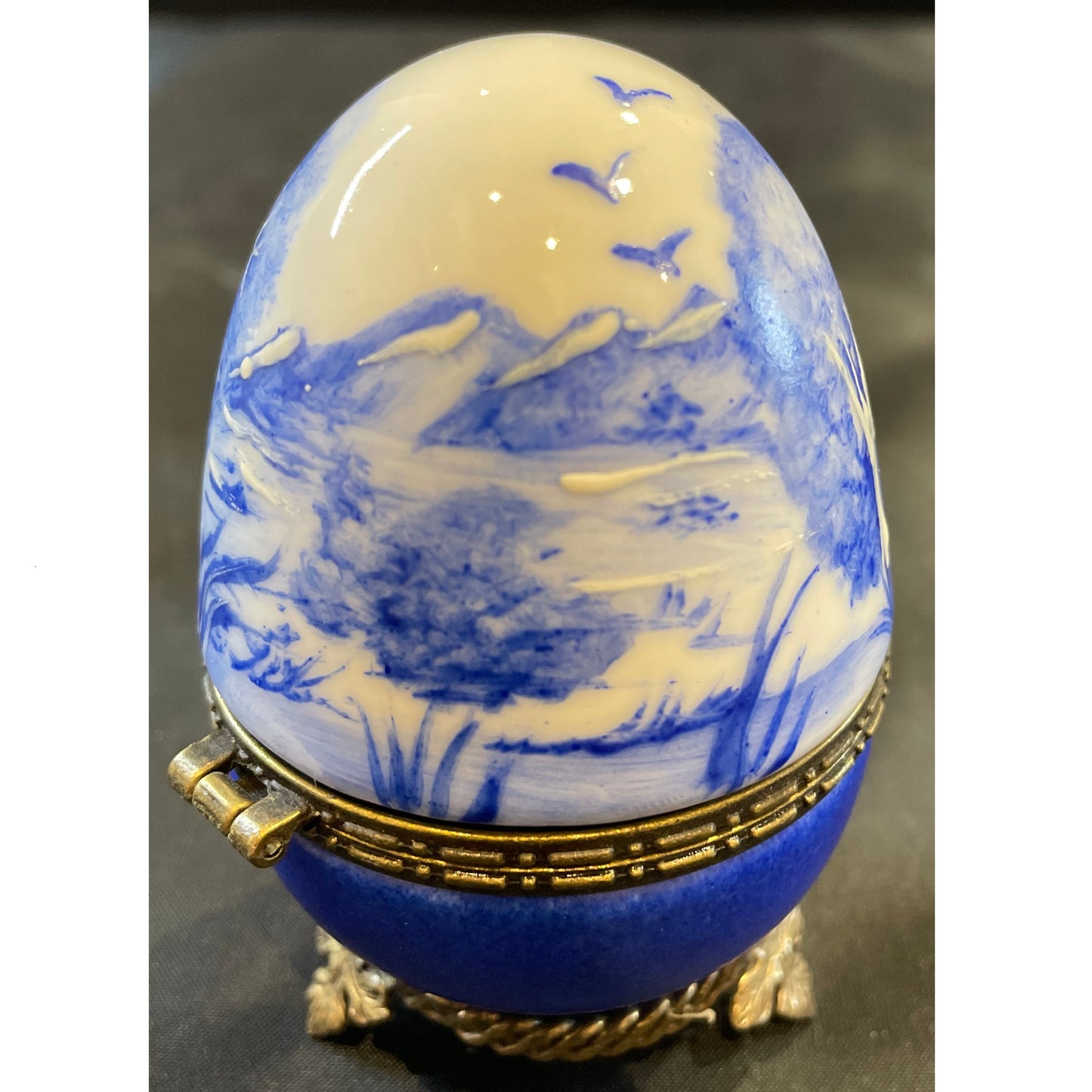 Scatola Uovo Porcellana Paesaggio Blu