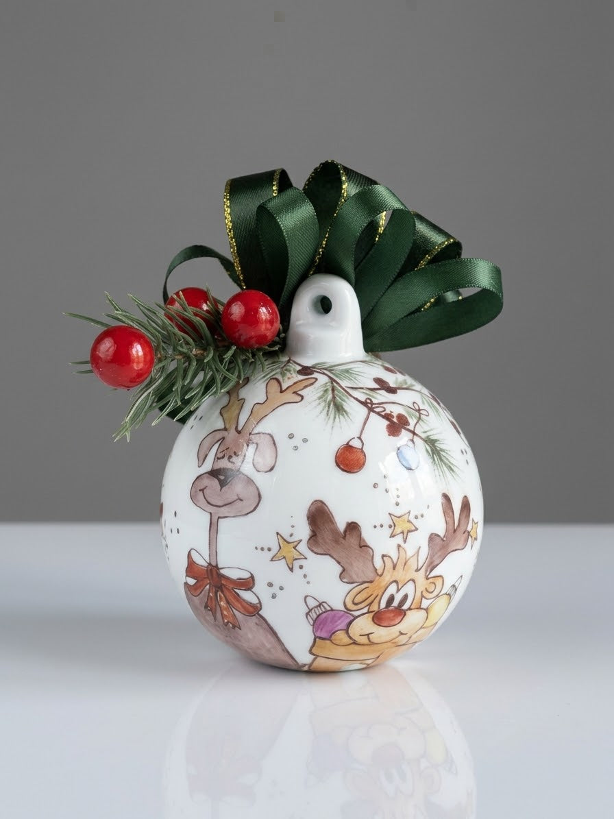 Sfera Natale da appoggio in ceramica da appoggio in ceramica decorato a mano renne circonferenza 29 cm altezza 11 cm Artemagiashop