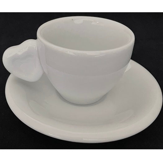 Tazzina caffè con piatto manico cuore in porcellana bianco altezza 5cm Artemagiashop